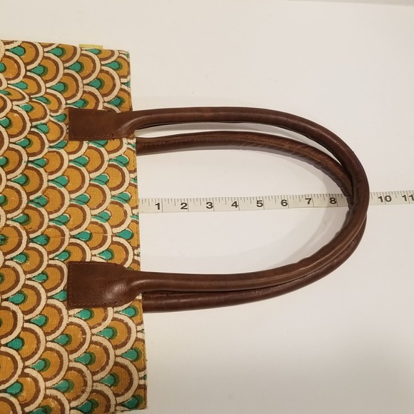 JOYN Cotton Tote Arch Print Brown Leather Yellow Green Shoulder Bag Lined Pocket - Picture 11 of 14